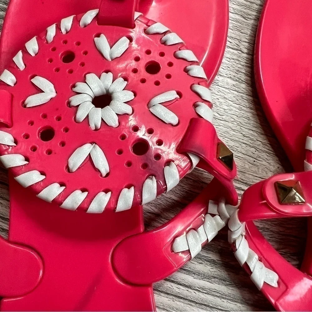 Kids Jack Roger’s slip on thong sandals size 3 bright hot pink and white lacing